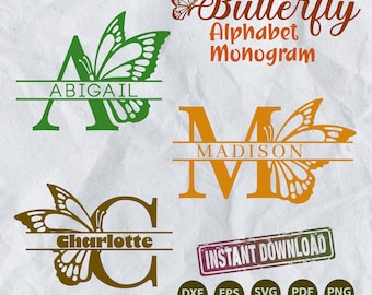 Motyl podzielony alfabet monogram - niestandardowy projekt nazwy rodziny SVG do personalizacji i wystroju domu