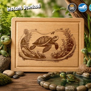 May include: A light-colored wooden cutting board with a laser-etched design of a sea turtle swimming underwater. The board is surrounded by decorative turtle figurines and a small pond. The words "Instant Download" are visible.