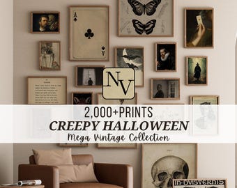 May include: A collection of framed vintage prints with a spooky Halloween theme. The prints include images of a skull, a playing card, a butterfly, and portraits. The text in the image reads "2,000+ PRINTS CREEPY HALLOWEEN Mega Vintage Collection."