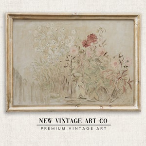 Printable Neutral Botanical Floral Painting, Vintage Cottage Art Print, Flower Wall Art Digital Download