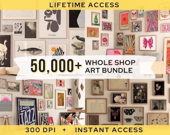 May include: A collection of framed art prints in various sizes and styles, including abstract, floral, and vintage designs. The image includes text that reads "50,000+ WHOLE SHOP ART BUNDLE" and "LIFETIME ACCESS". The art is displayed on a wall.