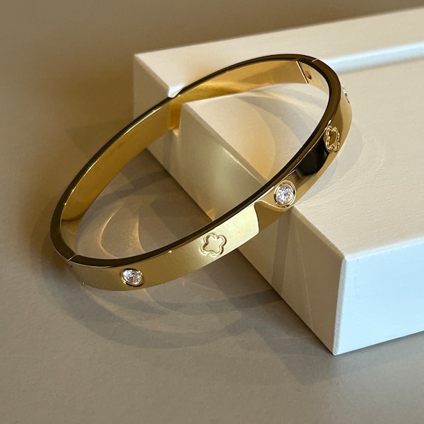 Kleeblatt Armband, Armreif 18k vergoldet mit hochwertigen Zirkonia