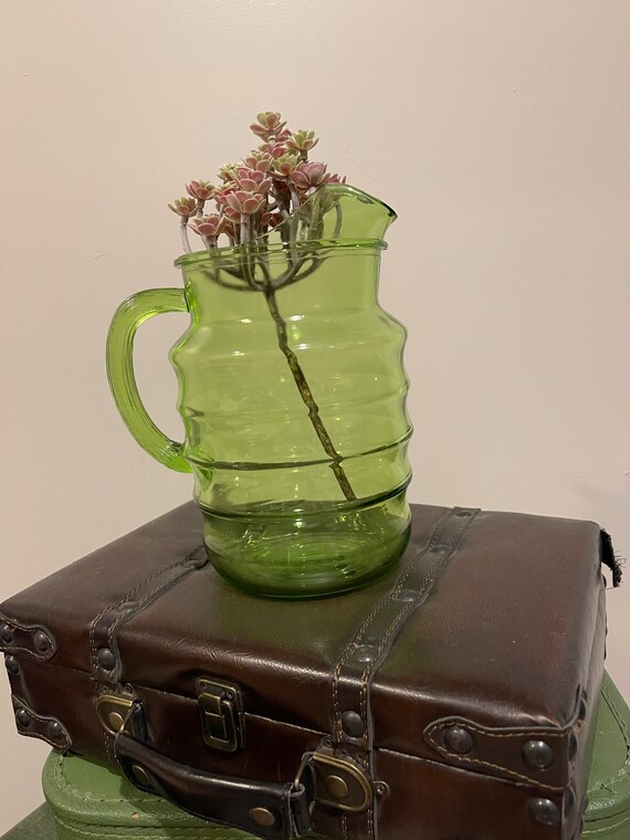 Vintage Green Glass Pitcher - Etsy