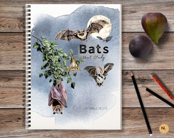 May include: A watercolour illustration of bats on a blue background with the text "Bats Unit Study" and "By Nimble Nests".