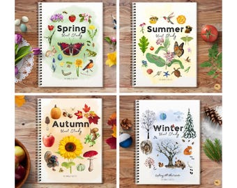 May include: Four spiral-bound unit study workbooks titled Spring, Summer, Autumn, and Winter. Each cover features watercolor illustrations of seasonal flora and fauna, including butterflies, flowers, animals, and trees, with the text By Humble Nest.