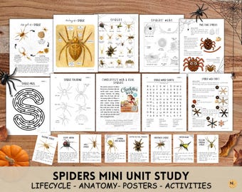May include: A collection of educational printables on a wooden surface. The pages feature spider anatomy, lifecycle diagrams, web diagrams, word searches, and craft instructions. The title "SPIDERS MINI UNIT STUDY" is displayed at the bottom.