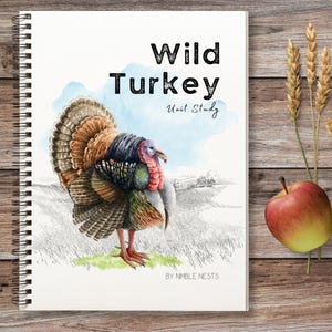 May include: A spiral bound notebook with a watercolor illustration of a wild turkey on the cover. The title of the notebook is "Wild Turkey Unit Study" and the bottom of the cover says "By Nimble Nests".