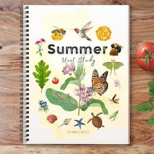 Estudio de unidad de verano, Diario de verano de educación en casa, Unidad de estanque, Estudio de pozas de marea y orillas, Estudio de aves, abejas, mariposas, polillas y luciérnagas, Estudio de árboles y tarjetas de hojas