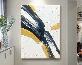 Grande peinture abstraite en noir et blanc, art texturé 3D, peinture texturée blanche, peinture texturée jaune, art abstrait minimaliste