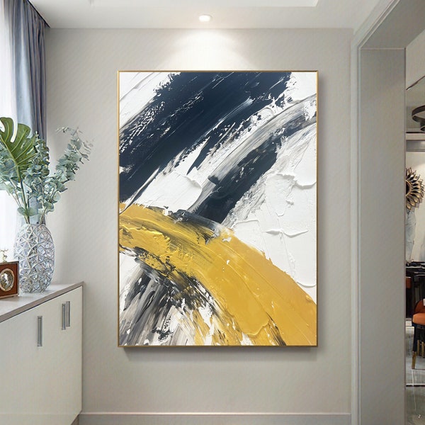 Large Black and White Abstract Painting, 3D Textured Art，White Texture Painting, Yellow Texture Painting, Minimalist Abstract Art