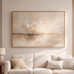 Groot neutraal abstract landschap canvas muurkunst print, warme beige wolken zonsondergang, ingelijst drijvend canvas voor woonkamer bank muur decor