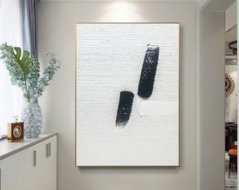 Grande pittura astratta in bianco e nero, arte strutturata 3D, pittura con struttura bianca, arte astratta minimalista