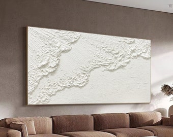 Framed Canvas Wall Art,3D White Minimalist Beach Painting Textured Wall Art, Ocean Wave Painting on Canvas Wabi-Sabi Wall Art,Home Decor