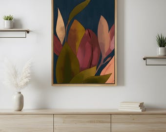 Abstrakcyjny wydruk botaniczny, kolorowa ilustracja roślinna w kolorze granatowym