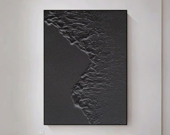 Grande pittura astratta nera, arte della parete nera, decorazione della parete nera, pittura minimalista 3D nera, pittura strutturata nera