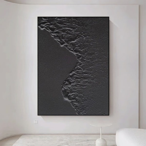 Large Black Abstract Painting,  Black wall art, Black wall decor, Black 3D Minimalist Painting,Black Textured Painting