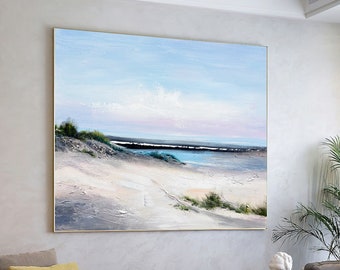 Grande toile océan, peinture abstraite originale de plage, grande toile ciel et mer, peinture nuage, décoration d'intérieur