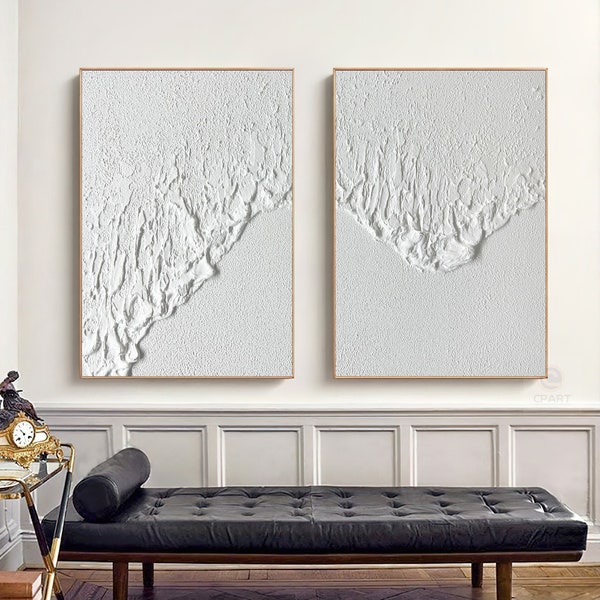 Art mural texturé blanc, tableau abstrait blanc, art 3D blanc, tableau blanc vagues de l'océan, lot de 2 oeuvres d'art blanches, lot de 2 oeuvres d'art murales blanches