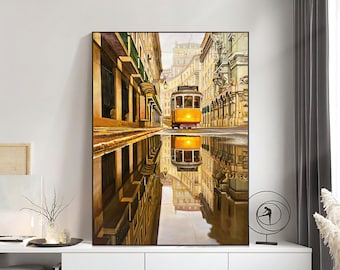 Pintura al óleo de Lisboa de Portugal, tranvía amarillo, arte de pared, pintura al óleo de paisaje europeo, arte de pared de sala de estar