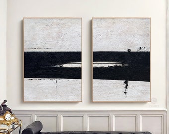 Abstract Canvas Wall Art,Large Textured Canvas Painting,Original Beige and Black Wall Art,Minimalist Art,Set of 2 Abstract Art