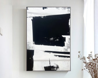 Grande toile abstraite originale en noir et blanc, peinture minimaliste blanche noire, peinture abstraite blanche, grande toile murale