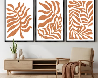 Abstracte blad muur kunst set van 3, moderne botanische prints, terracotta plant artwork voor woonkamer decor, ingelijste minimalistische muurkunst set