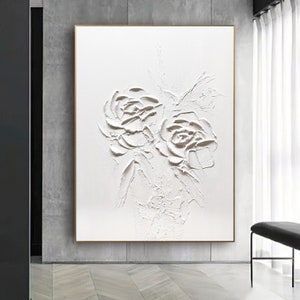 Peinture à l'huile grande fleur blanche, peinture acrylique originale sur toile, peinture texturée lourde 3D, art mural paysage abstrait, décoration d'intérieur image 2