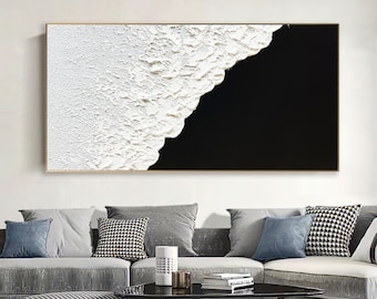 Grande peinture abstraite originale en noir et blanc, peinture minimaliste noir blanc, peinture noir et blanc, art mural noir et blanc, peinture noire