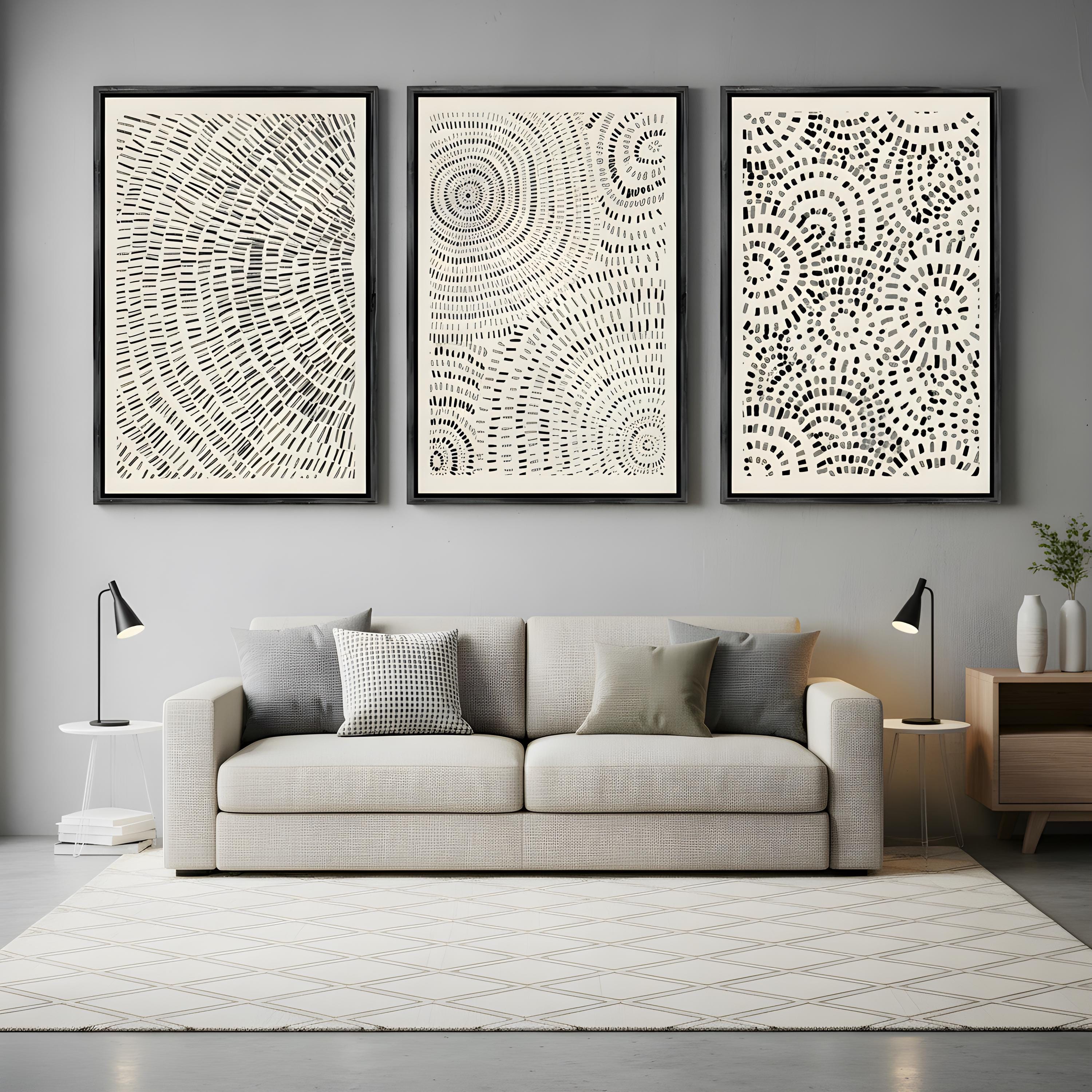 Framed Canvas Wall Art Set of 3 Black and White Abstract Print ...