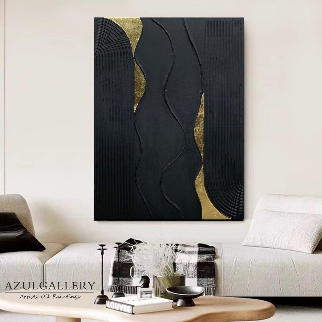 Black and Gold Textured Wall Art,black 3D Abstract Painting,black