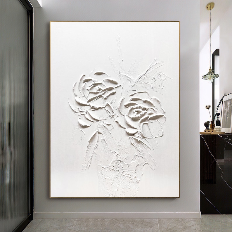 Peinture à l'huile grande fleur blanche, peinture acrylique originale sur toile, peinture texturée lourde 3D, art mural paysage abstrait, décoration d'intérieur image 7