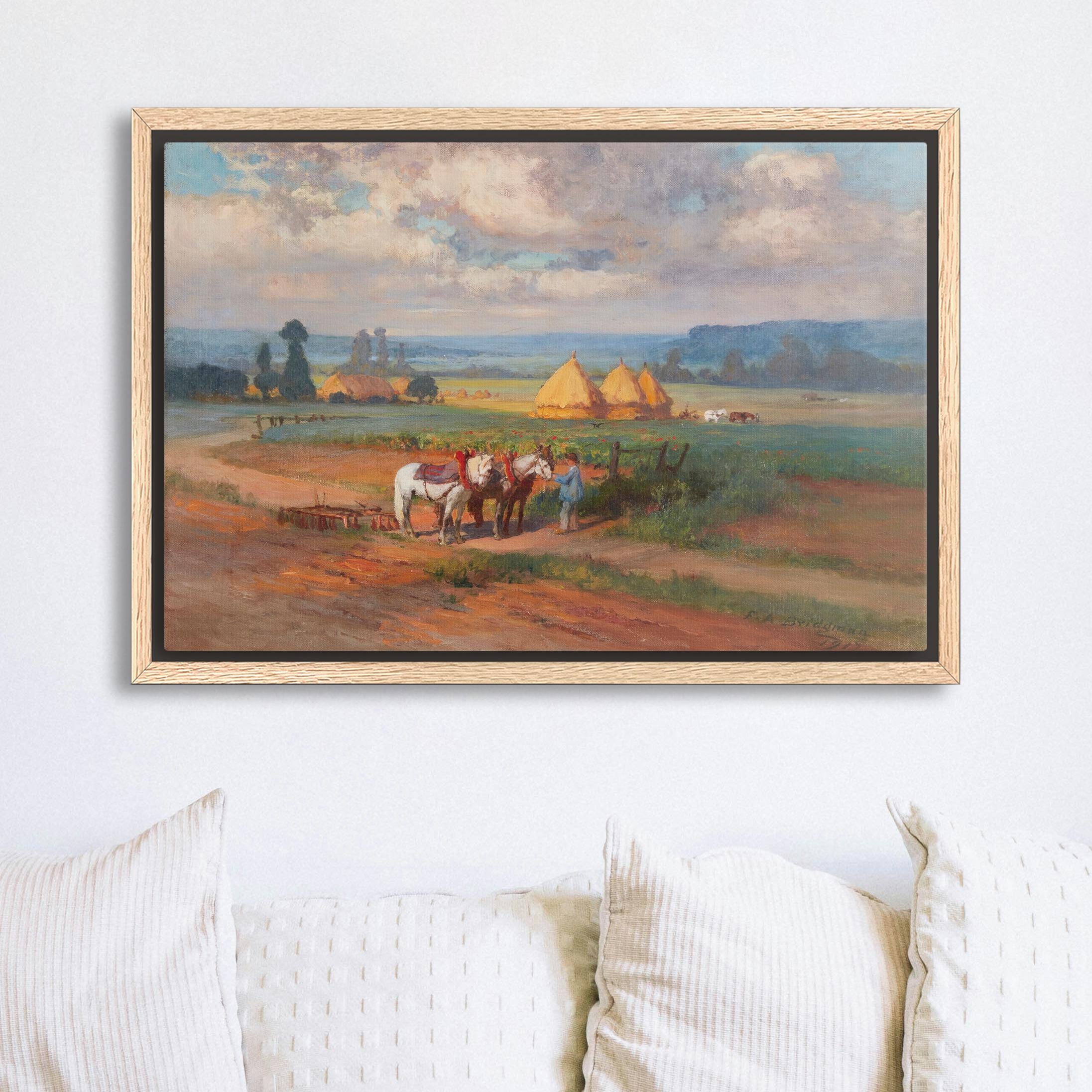 Farm Scene With Haystacks and Horses, Framed Canvas Wall Art, Ready to ...