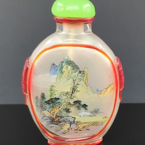 Antique Chinese Inside Painted Glass Snuff Bottle Monkeys Landscape Jade Stopper Late Qing 19/20c