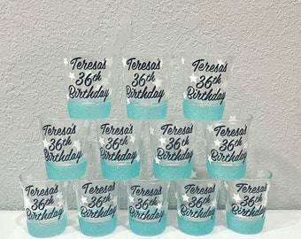 Personalized Shot Glasses, 50thBirthday, Birthday Girl, Shot Glasses, Glitter Shot Glasses, 50 & Fab, Party Favor