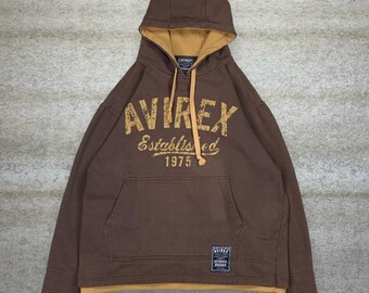 Vintage 90s Avirex Hoodie Mens 2XL Chocolate Brown Yellow Logo