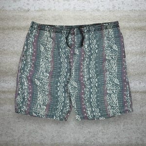 Vintage zwemshort met bloemen, Crazy Artwork groen paars wit gevoerd, binnenbeenlengte: 90