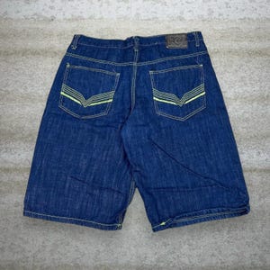 Vintage Skater Wide Leg Jean Shorts 38x14 Corked Dark Wash Baggy 14&quot; Inseam Jorts Denim Green Embroidery Rap Style Y2K