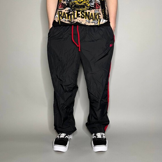Vintage Starter Track Pants Jet Black Polyester Sweatpants Red