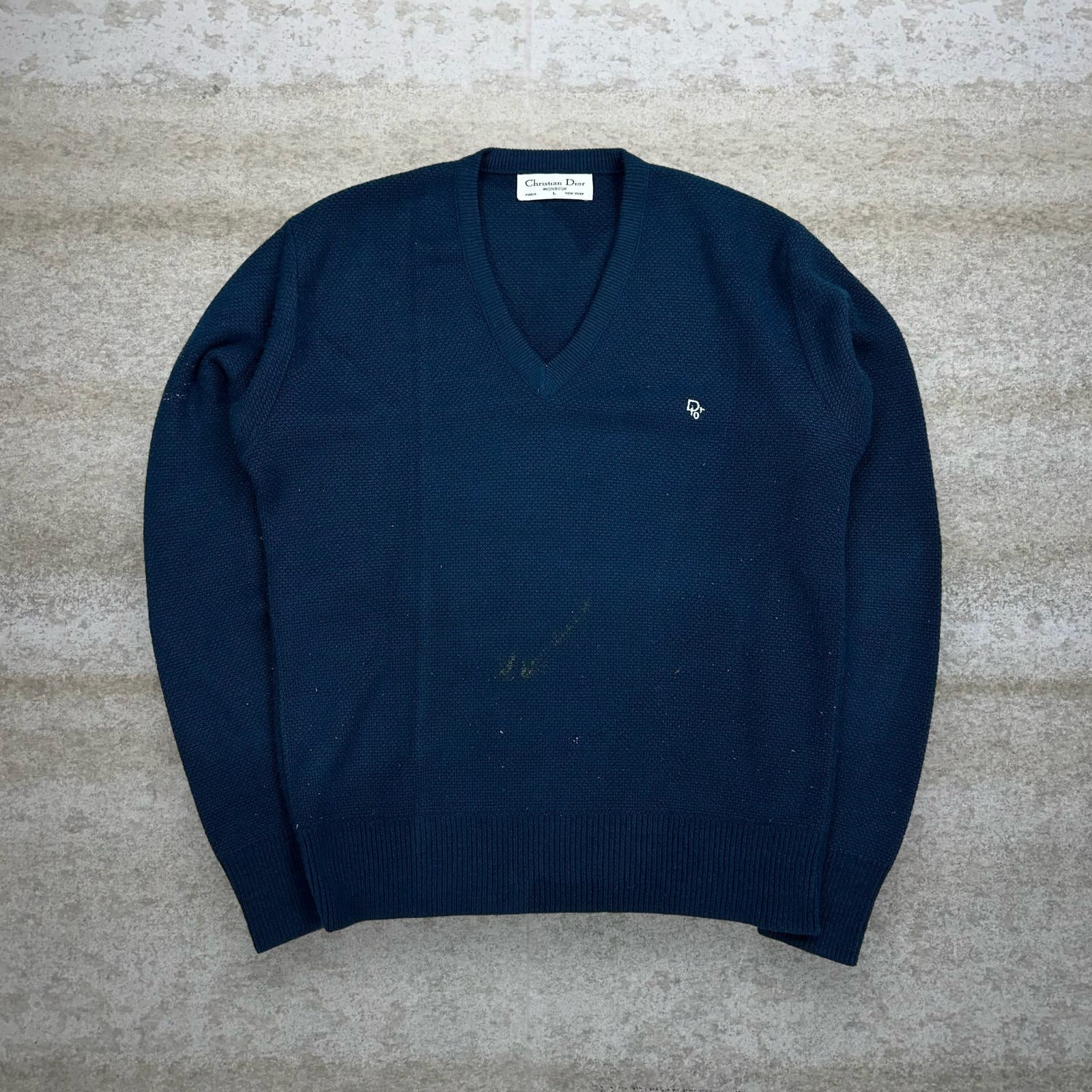 Vintage Christian Dior Sweater L Navy Blue Pullover V Neck 90s