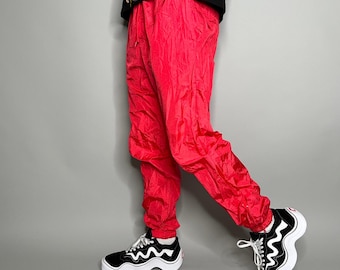 Vintage 90s Track Pants Mens M Crimson Red Nylon Joggers Lined has Ankle Zippers
