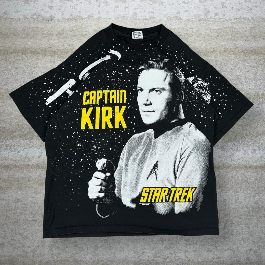 Camisa vintage de algodón de manga corta de los años 90 con estampado  integral de Star Trek del Capitán Kirk de 1993, talla XL, color negro,  fabricada