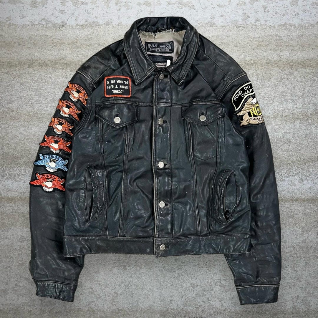 Leather Bomber Jacket Embroidered Badges Men's Embroidered