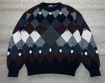 Vintage 90s Impact Sweater Mens L Red White Crewneck Genuine Leather Trim