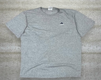 Vintage 90-tals Adidas-skjorta herr XL ljusgrå bomull vit logotyp kortärmad