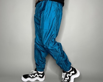 Vintage 90s Track Pants Mens L Aqua Blue Nylon Joggers Lined Ankle Zippers Flare