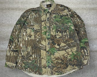 Camisa vintage de los 90, estilo Realtree, con botones, talla XL para hombre, camuflaje de caza, manga larga, fabricada en EE. UU.