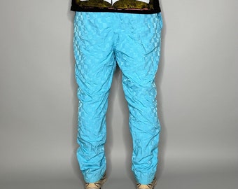 Vintage Track Pants Mens M Light Blue Nylon Sweatpants Checkered