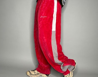 Pantalon de survêtement vintage Sean John en daim et velours pour homme 3XL pour homme, rouge cramoisi, rouge blanc, jambe large ample avec fermetures à glissière aux chevilles pour s'évaser Y2K