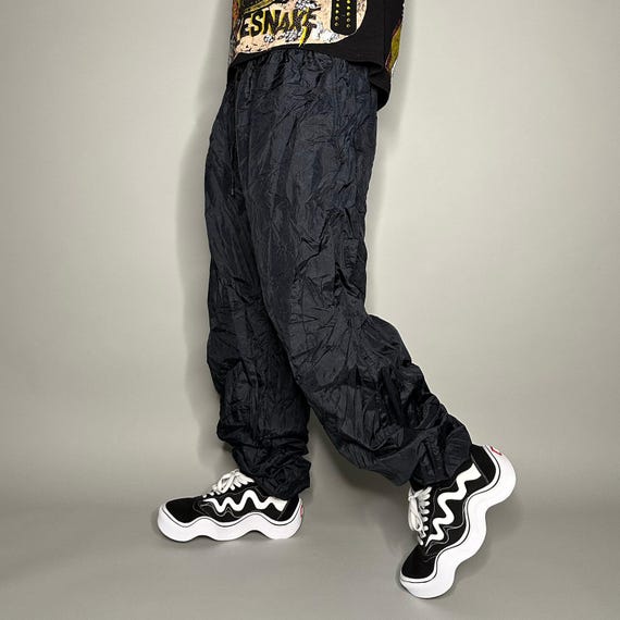 Vintage 90s Track Pants Mens XL Baggy Jet Black Nylon Joggers