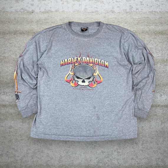 Vintage 90s Harley Davidson Shirt Mens XL Grey Crazy Flames Skull